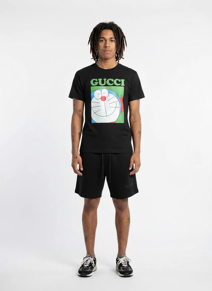 Gucci Doraemon Collaboration Black T-Shirt, Fear of God Essentials Black Drawstring Shorts