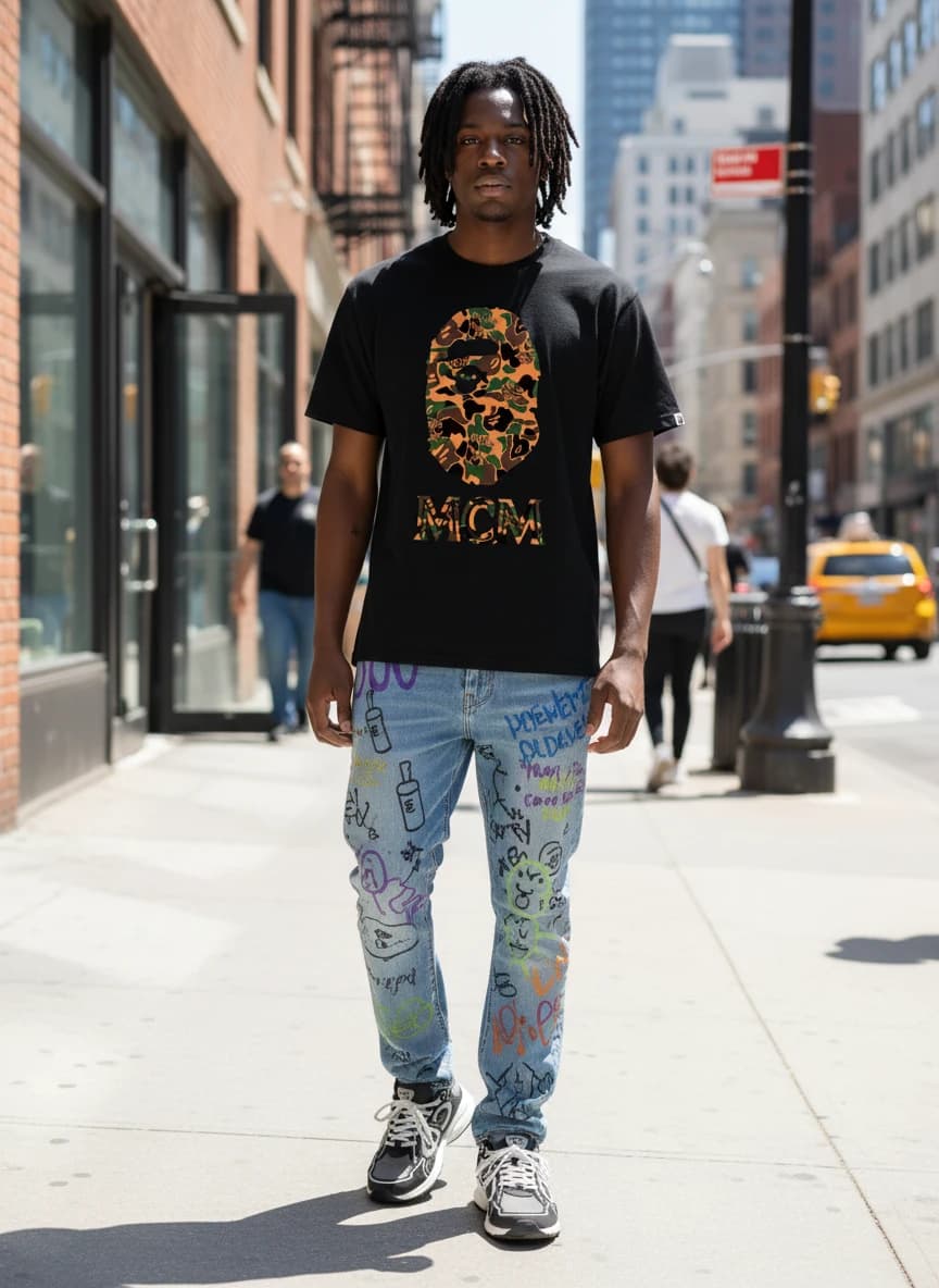 A BATHING APE x MCM Camo Print Black T-Shirt, Balenciaga Hand-Painted Jeans, Dior CD Sneakers in Black/Grey
