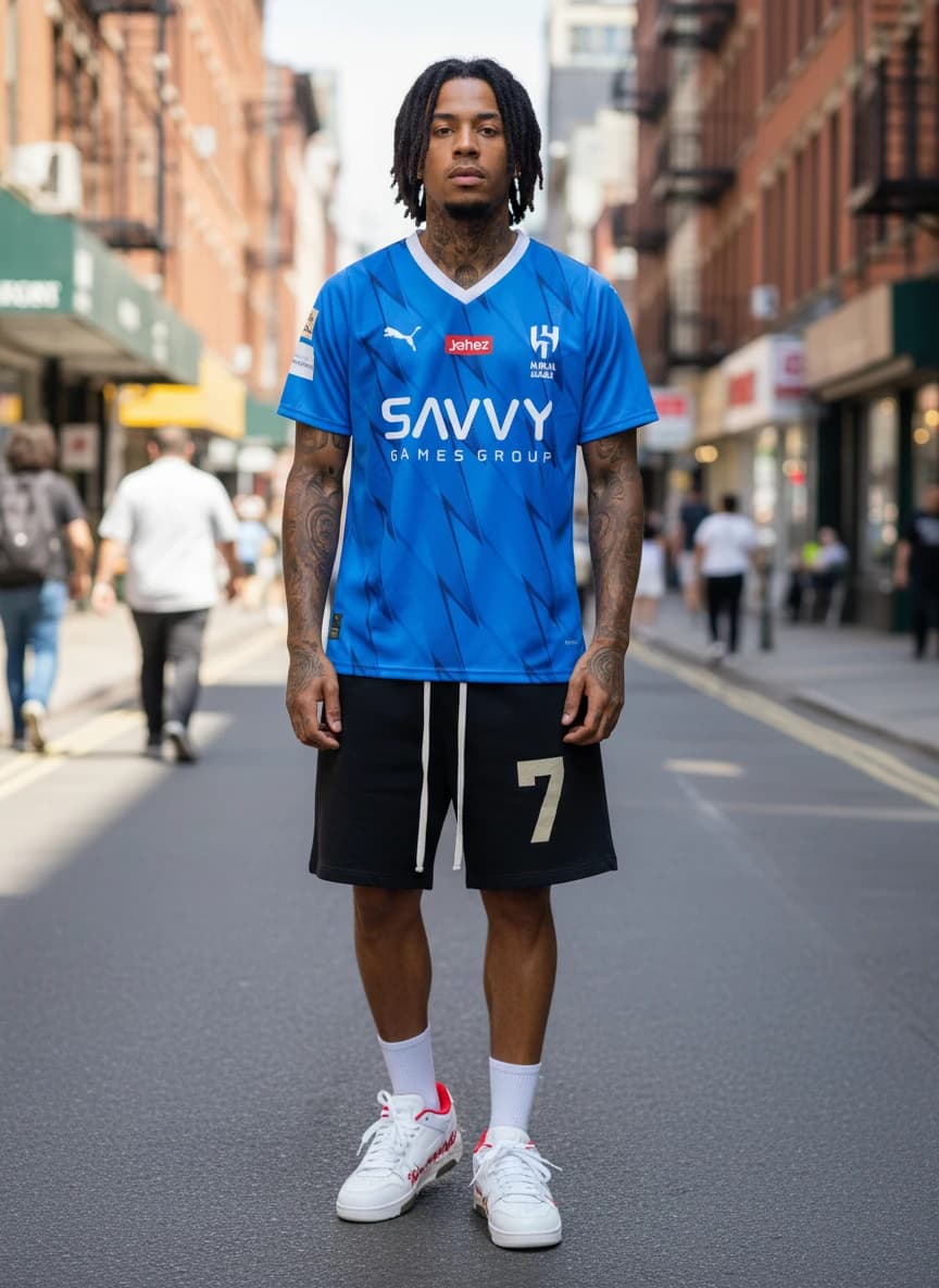 Puma Al Hilal Blue Football Jersey, Black Cotton Shorts with Gold Number 7 Design, Off-White c/o Virgil Abloh 'For Walking' Sneakers White/Red