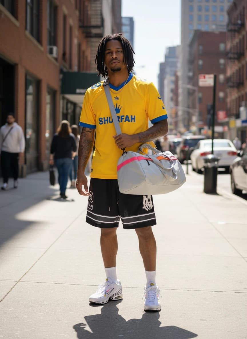 Shurfah FC Yellow and Blue Soccer Jersey, Black Mesh Basketball Shorts with White and Grey Stripes, Nike Air Max Plus TN Sneakers White/Black, Nike Dri-FIT Travel Bag in Light Grey with Orange and Pink Accents