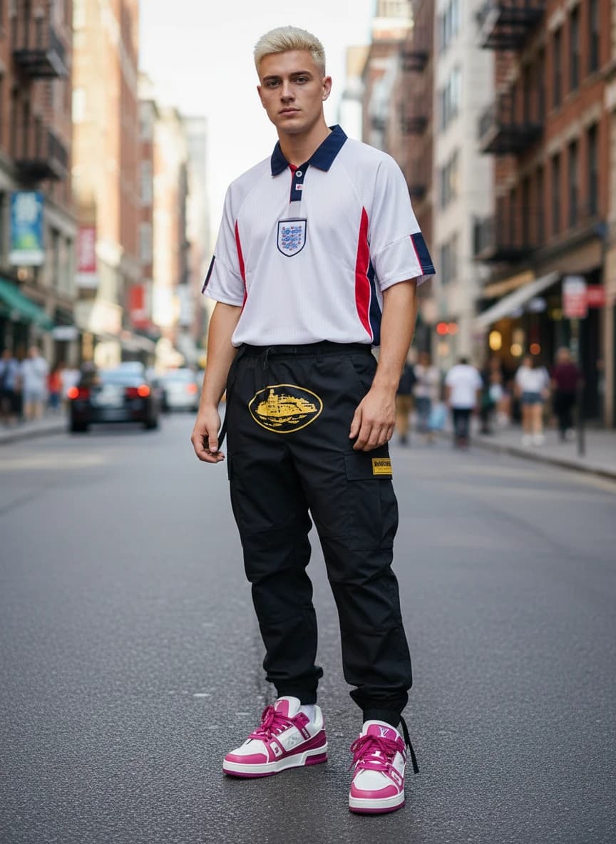 England Home Football Jersey - White with Red and Navy Accents, Black Cargo Pants with Yellow Graphic Patch, Louis Vuitton LV Trainer Sneakers in Pink & White