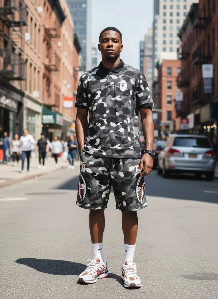 A Bathing Ape Camo Polo Shirt, A Bathing Ape Shark Camo Shorts, Nike P-6000 Sneakers in White/Burgundy/Red