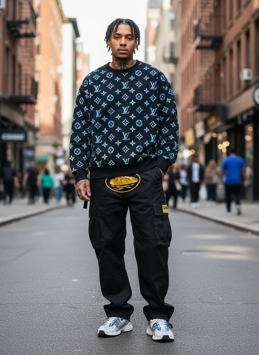 Louis Vuitton Monogram Print Crewneck Sweatshirt, Black Cargo Pants with Yellow Graphic Patch, New Balance 550 Sneakers in Grey/Blue Colorway