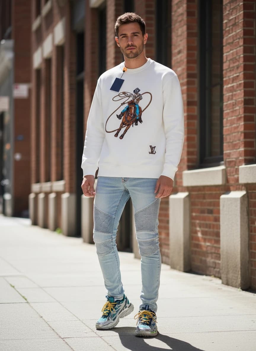 Louis Vuitton Cowboy Print Crewneck Sweatshirt - White, Balmain Light Blue Skinny Jeans with Zipper Details, Mizuno Wave Rider 26 Sneakers in Teal and Silver