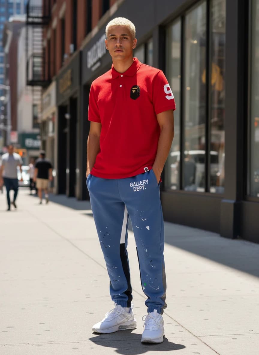 A Bathing Ape Red Bape Head Polo Shirt, Gallery Dept. Blue Paint Splatter Sweatpants, Nike Air Max Vision Sneakers White Pure Violet DA3199-100