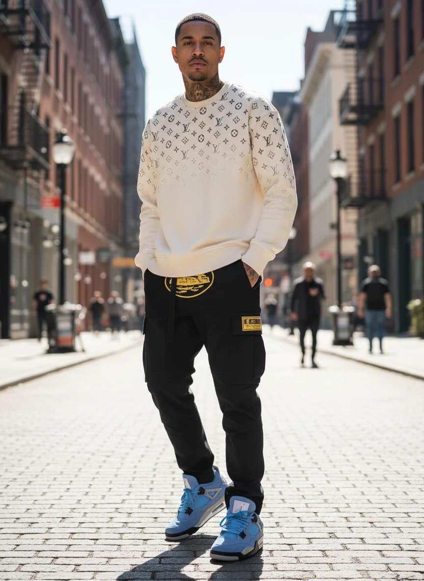 Louis Vuitton Monogram Print Crewneck Sweatshirt in Cream, Black Cargo Pants with Yellow Graphic Patch, Air Jordan 4 Retro University Blue Sneakers CT8527-400