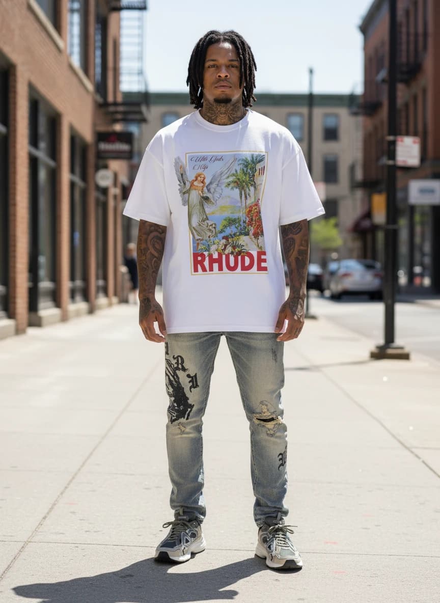 Rhude Angel Print Oversized T-Shirt, R.A.M. Jeans with Distressed Graphic Design, Dior Saucony Grey and Beige Sneakers