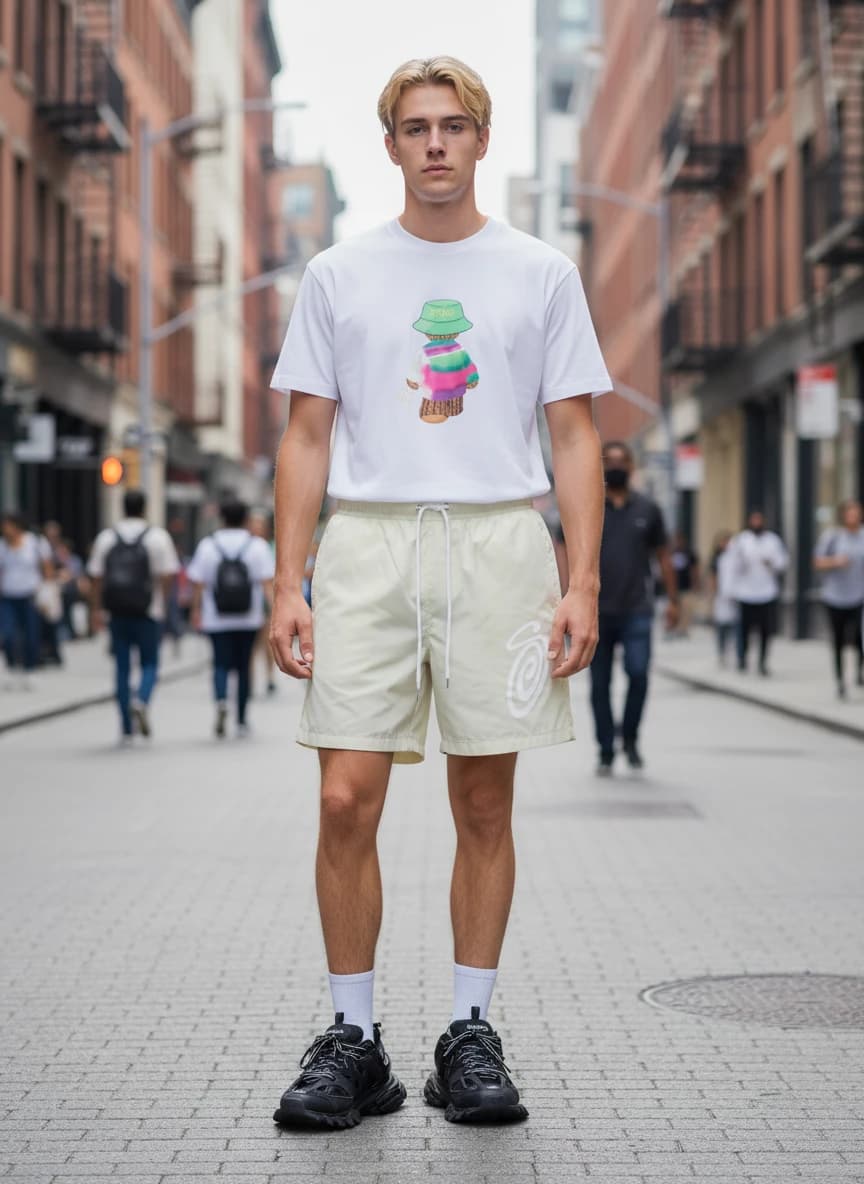 Fendi Tie-Dye Bear Graphic White T-Shirt, Essentials Spiral Logo Beach Shorts, Balenciaga Track Triple Black Sneakers