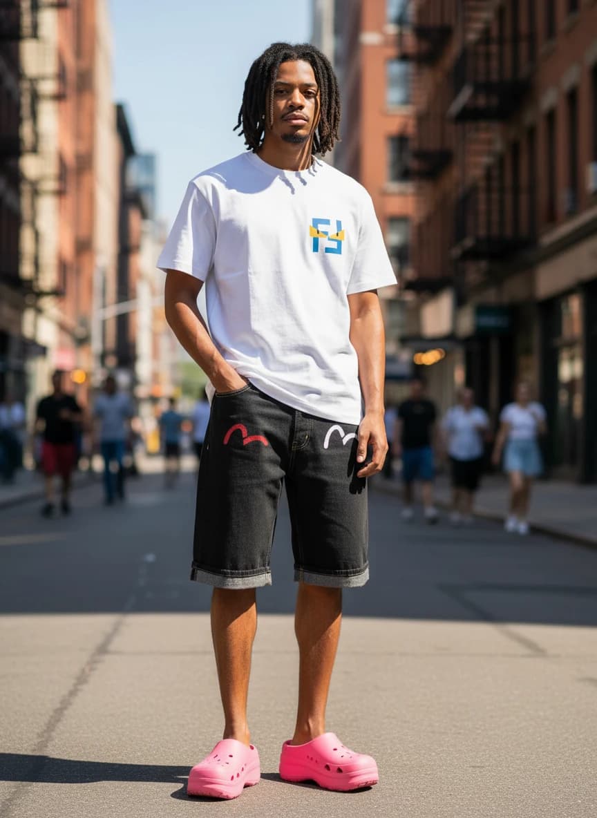 Fendi White Monster Logo T-Shirt, A.P.C. Jean Shorts with Red and White Logo Detail, Pink Crocs Clog Shoes