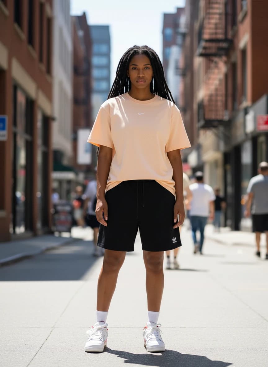 Nike Essential T-Shirt - Light Peach, Balenciaga x Adidas Black & White Track Shorts, Off-White c/o Virgil Abloh 'For Walking' Sneakers White/Red