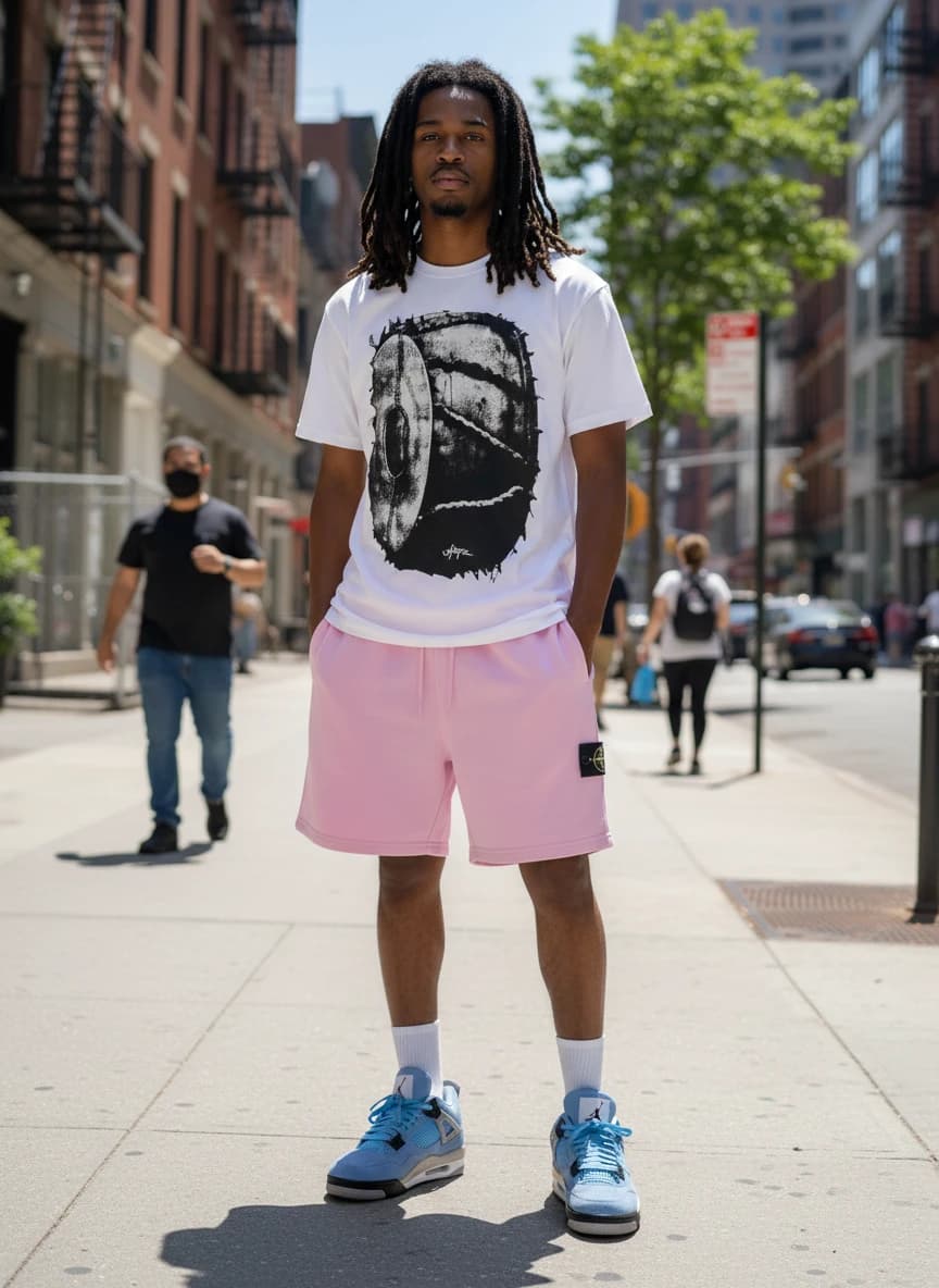 HOFIZ White Graphic T-Shirt with Distressed Design, Stone Island Pink Elastic Waist Shorts, Air Jordan 4 Retro University Blue Sneakers CT8527-400