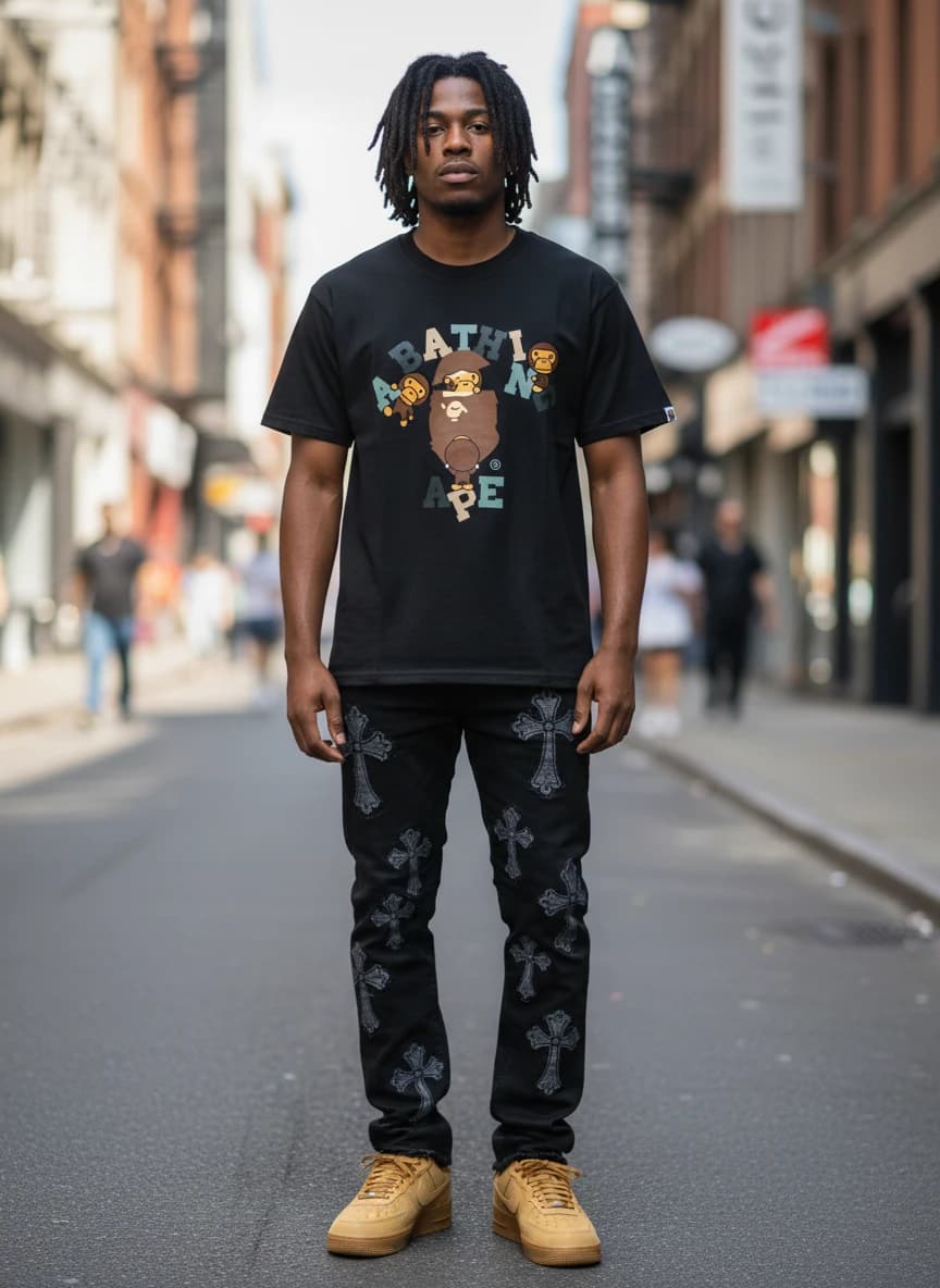 A Bathing Ape Multi-Monkey Black T-Shirt, Black Cross Embroidered Jeans, Nike Air Force 1 Wheat Sneakers