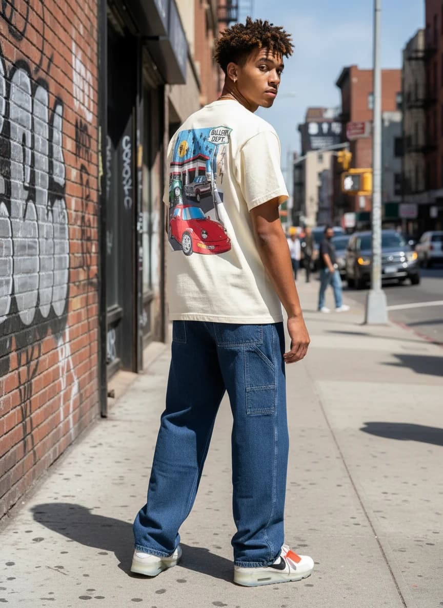 Gallery Dept. Car Print T-Shirt in Cream, Essentials Carpenter Jeans in Deep Blue, Off-White x Nike Air Max 97 White Beige Sneakers