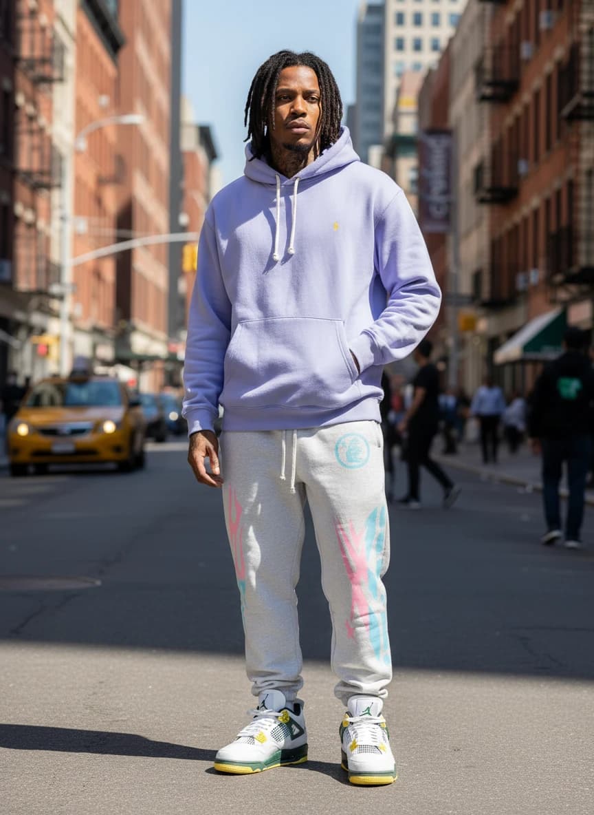 Polo Ralph Lauren Hoodie in Light Purple, Essentials by Fear of God Flame Print Sweatpants, Air Jordan 4 Retro 'Oregon Green' Sneakers