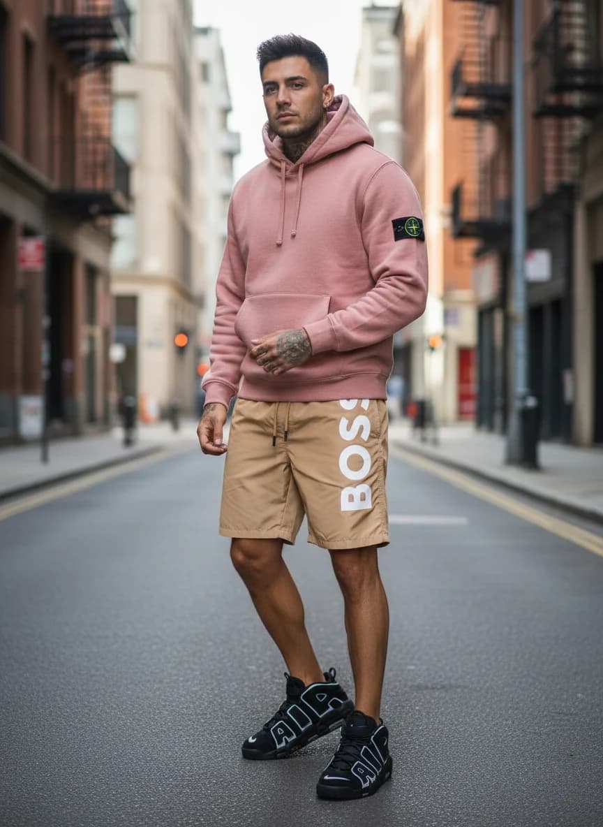Stone Island Pink Hoodie with Green Patch, Hugo Boss Beige Logo Print Shorts, Nike Air More Uptempo Black/White Sneakers