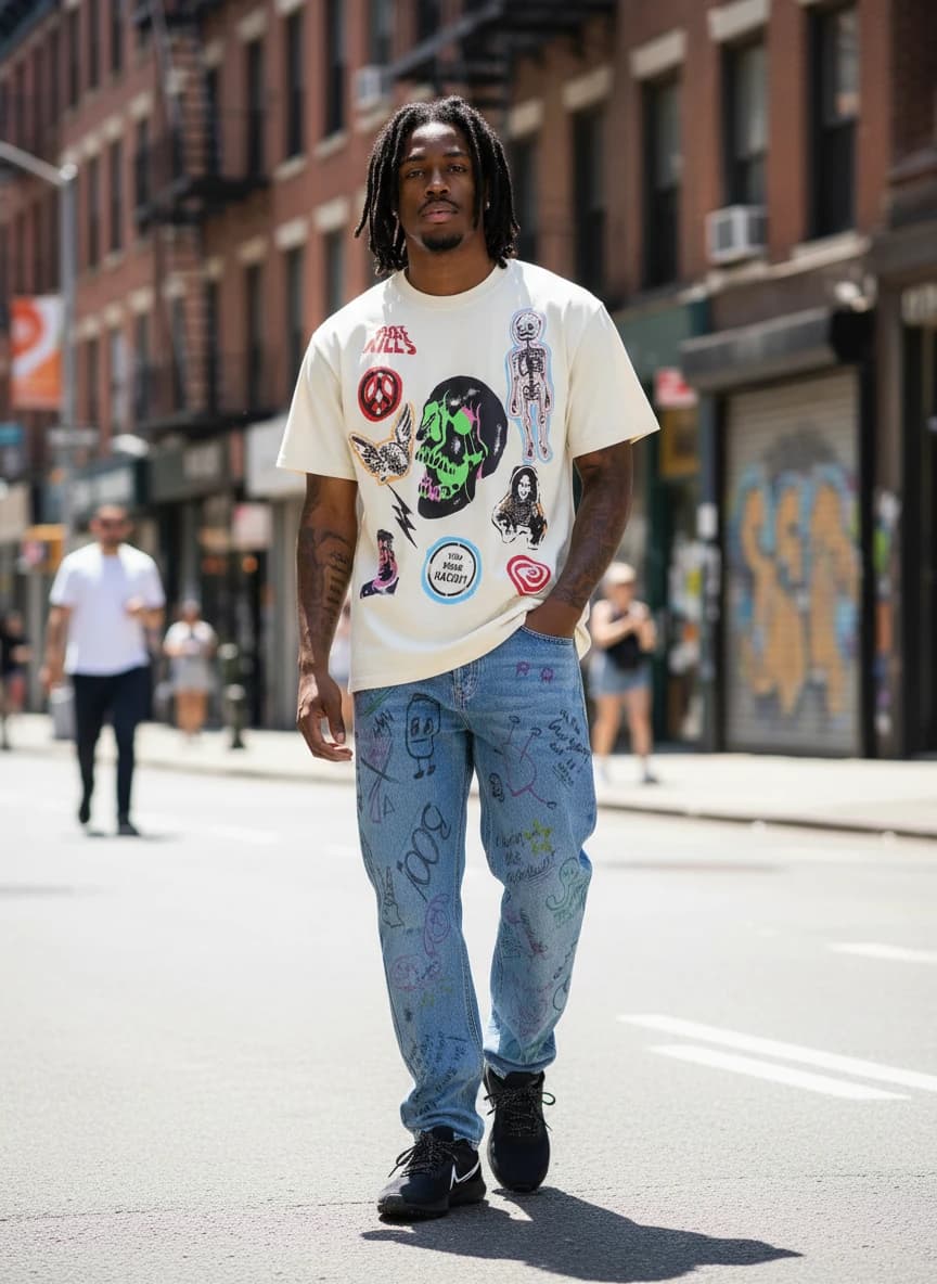 Gallery Dept. Art That Kills Cream T-Shirt, Balenciaga Hand-Painted Jeans, Nike Air Zoom Pegasus 38 Black Running Shoes