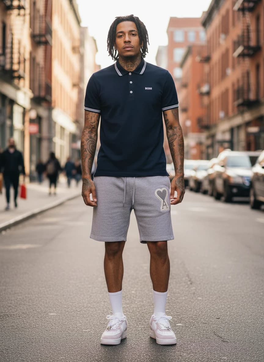 Hugo Boss Navy Blue Polo Shirt with White Trim, AMÉE Heart Logo Grey Shorts, Nike Air Force 1 Low Sneakers in Light Smoke Grey/White