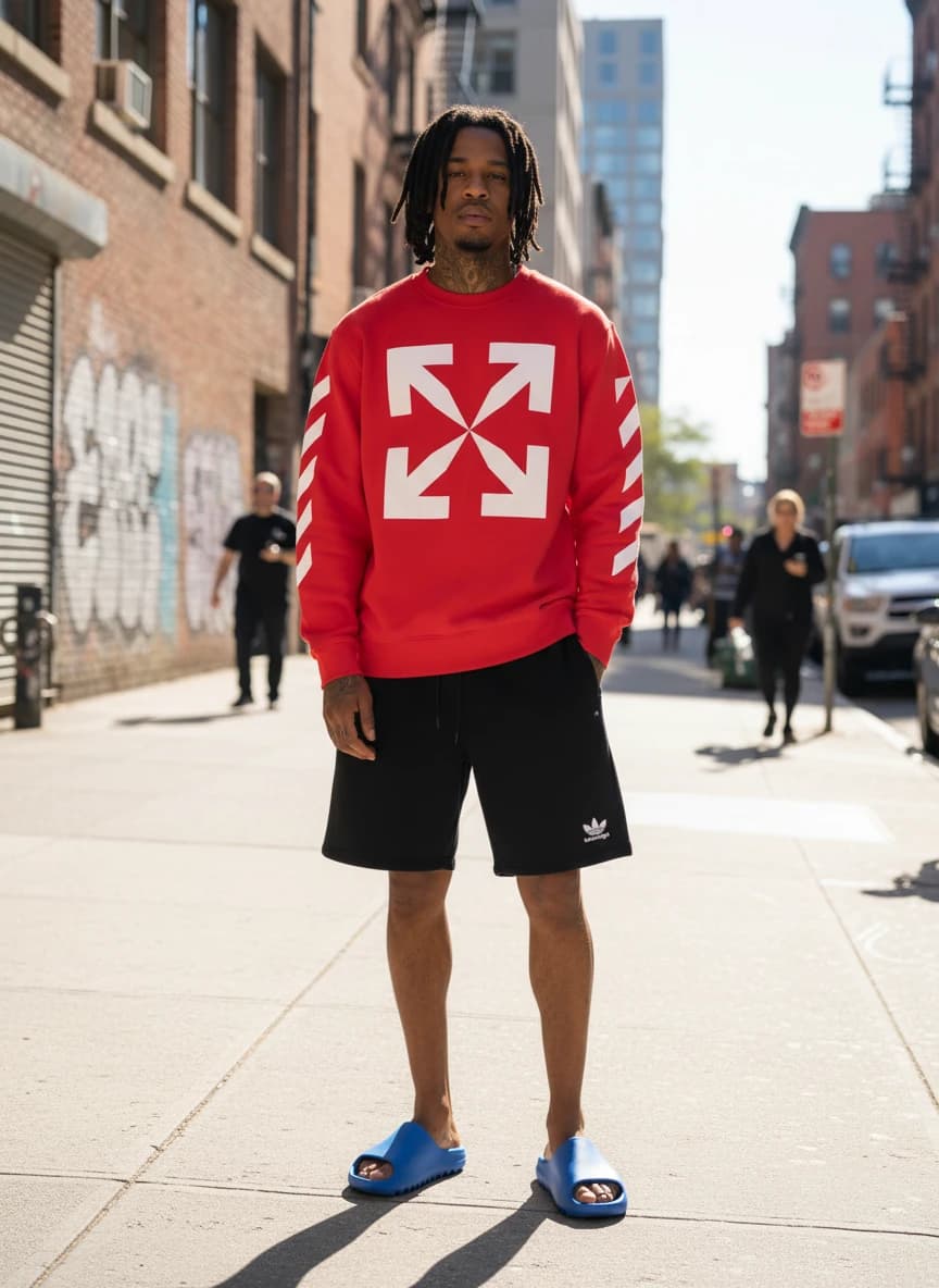 Off-White Red Arrow Print Sweatshirt, Balenciaga x Adidas Black & White Track Shorts, Yeezy Slide Royal Blue Slippers