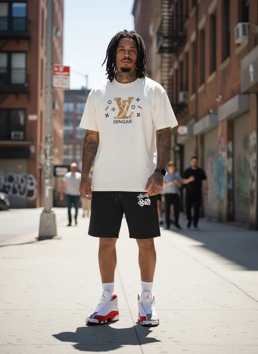 Louis Vuitton LV Logo T-Shirt in White, Stussy Dice Black Shorts, Air Jordan 13 Retro White Grey Red Sneakers