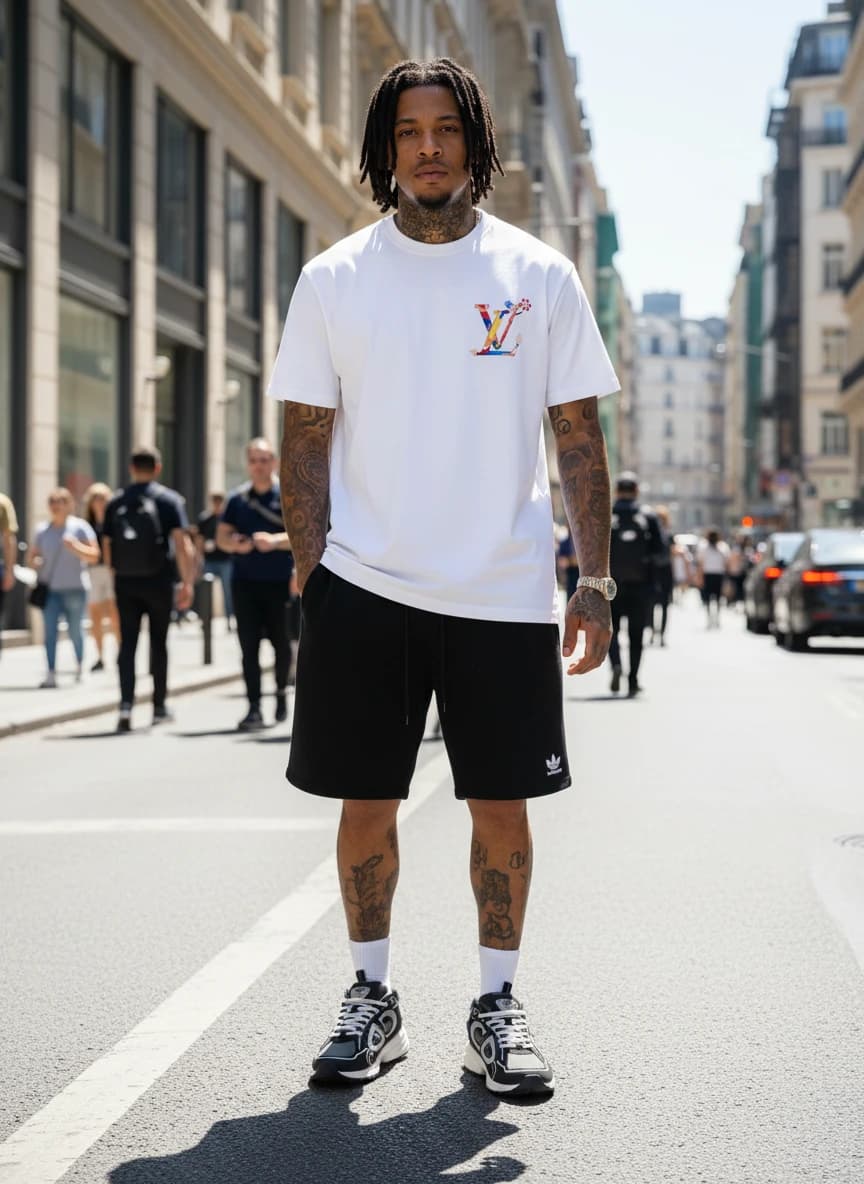 Louis Vuitton LV Monogram Print T-Shirt, Balenciaga x Adidas Black & White Track Shorts, Dior CD Sneakers in Black/Grey