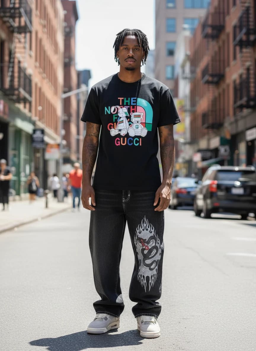 The North Face x Gucci Collaboration Black T-Shirt, Black Wide-Leg Jeans with Flame Snake Print, Air Jordan 4 Retro 'Metallic Silver' Sneakers