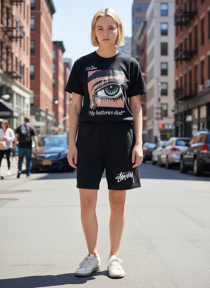 Gallery Dept. Doc Johnson Black T-Shirt, Stussy Stock Logo Black Shorts, Golden Goose Ball Star Sneakers in White/Ball Star 29