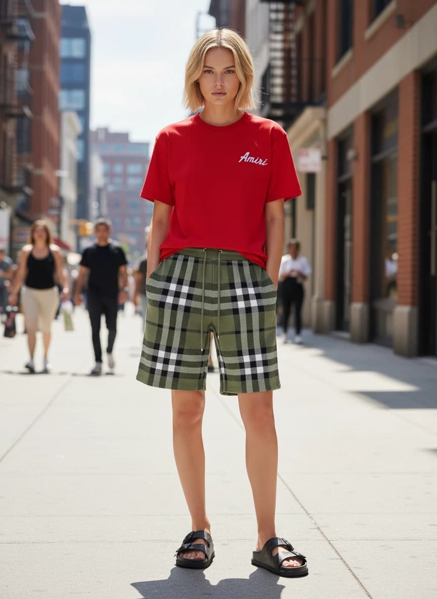 Amiri Red Script Logo T-Shirt, Burberry Green Check Plaid Shorts, Louis Vuitton Monogram Buckle Sandals