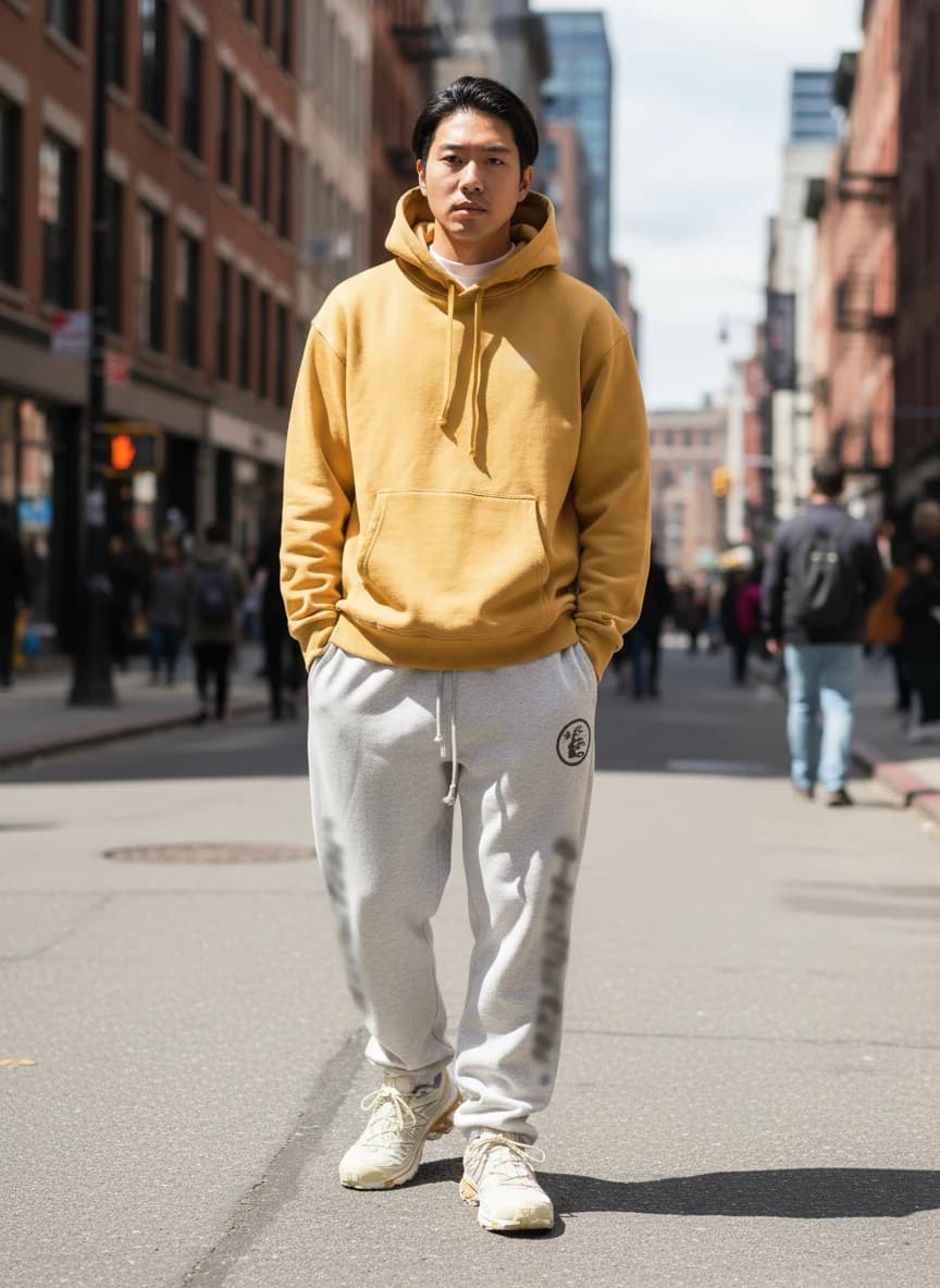 Unbranded Beige Hoodie Sweatshirt, Essentials by Fear of God Grey Sweatpants, Salomon XT Wings 3 GTX Trail Running Shoes Cream White