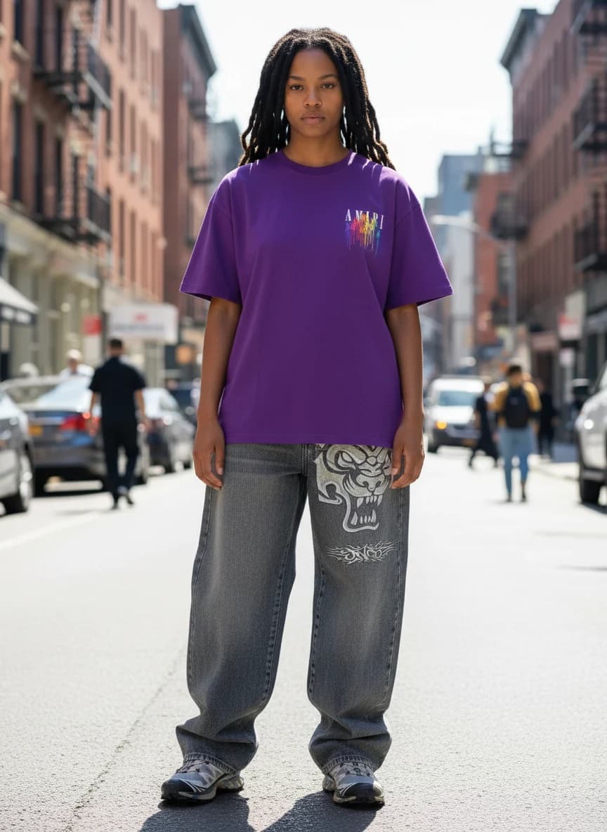 Amiri Rainbow Drip Graphic T-Shirt in Purple, Global Shop Tiger Print Denim Jeans N08 Light Blue, Salomon XT Wings 3 Trail Running Shoes Silver