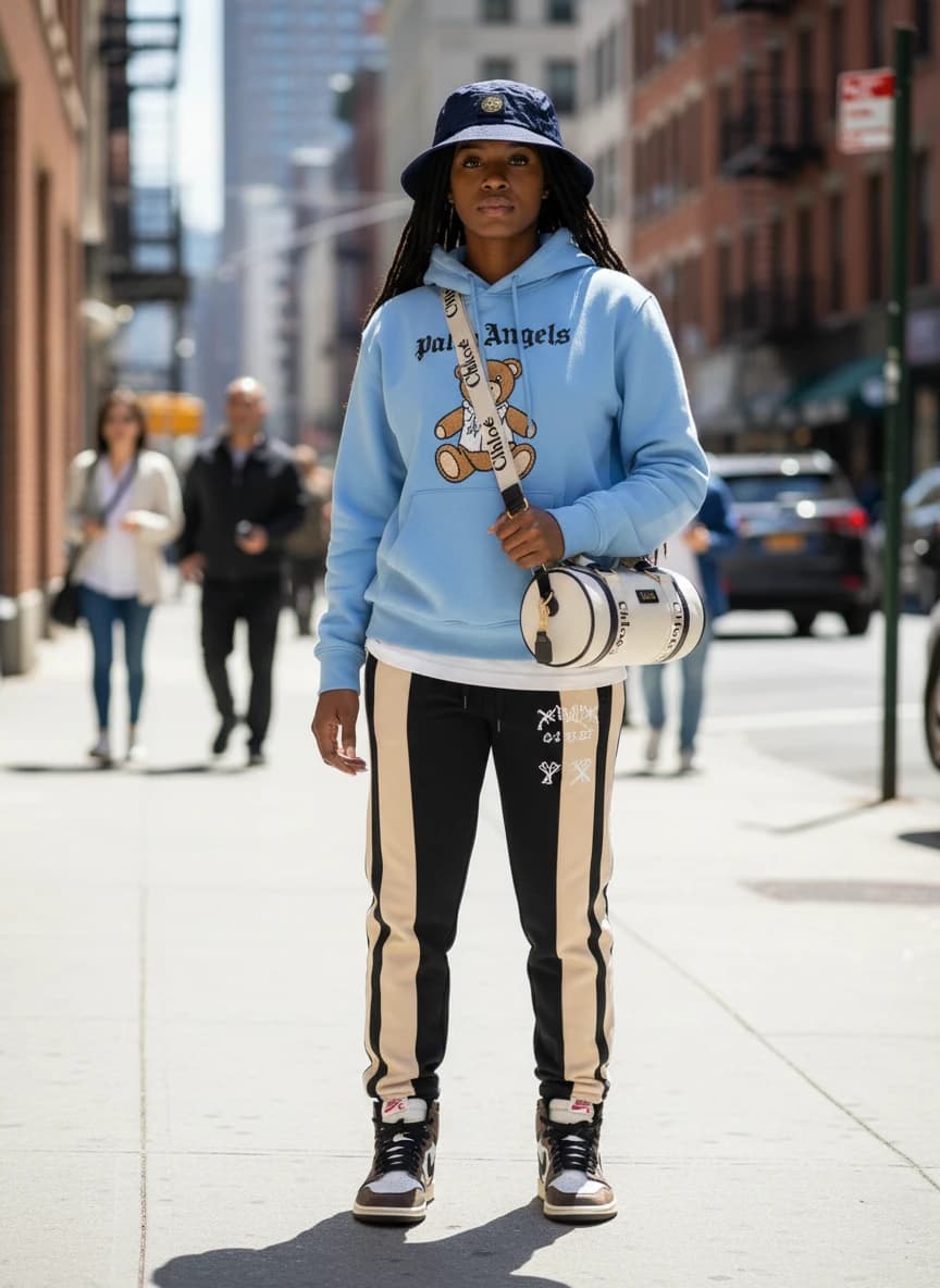 Palm Angels Light Blue Bear Print Hoodie, Black & Beige Graphic Print Sweatpants with Drawstring Waist, Air Jordan 1 Travis Scott Mocha Sneakers, Stone Island Navy Blue Bucket Hat, Chloé Canvas Barrel Bag in White with Black Accents