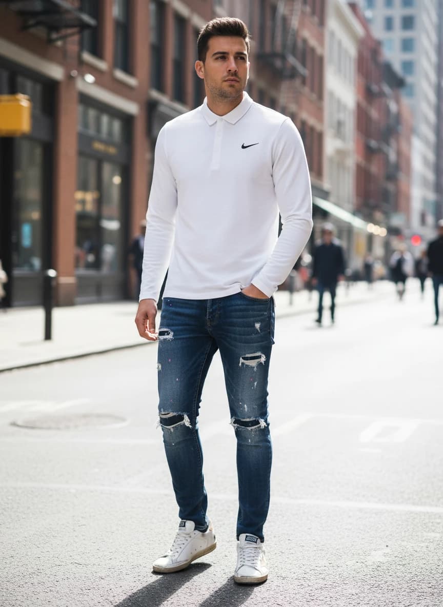 Nike Breathe Long Sleeve Polo Shirt in White, DSquared2 Distressed Denim Jeans, Golden Goose Ball Star Sneakers in White/Ball Star 29