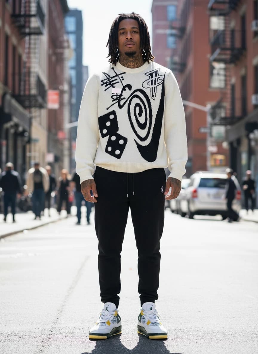 Nike Reverse Weave Graphic Knit Sweater in Sail/Black, Polo Ralph Lauren Black Slim-Fit Sweatpants, Air Jordan 4 Retro 'Oregon Green' Sneakers