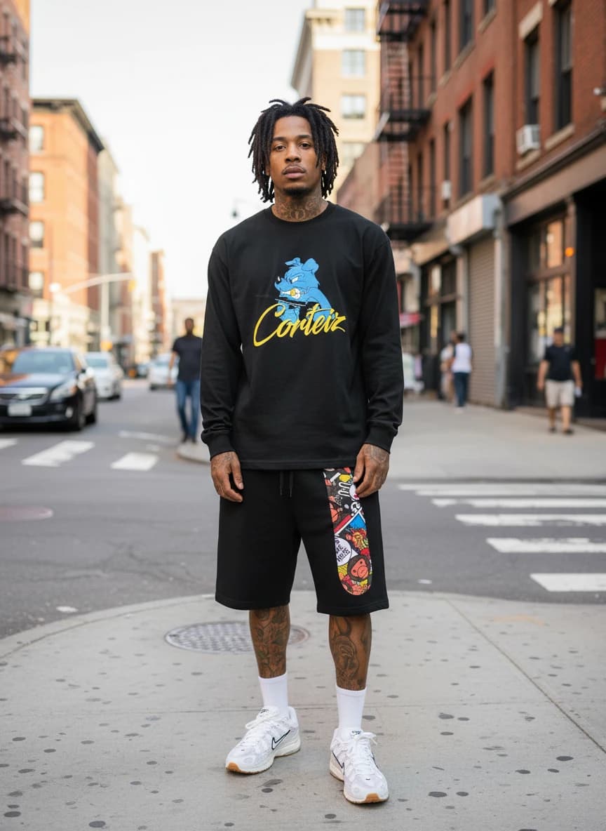 Corteiz Blue Dog Long Sleeve T-Shirt - Black, A BATHING APE Black Shorts with Colorful Monkey Print, Nike P-6000 White/Gum Sole Sneakers