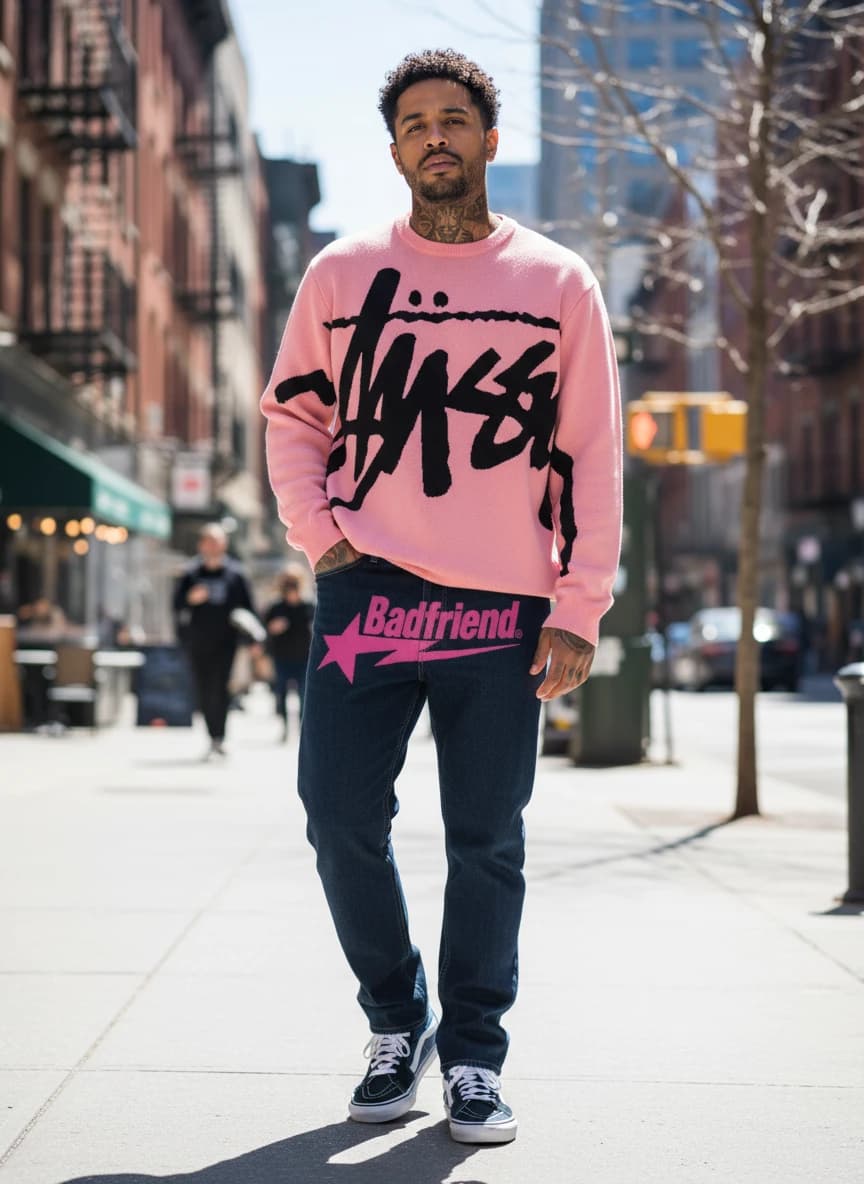 Stussy Pink 'Box Logo' Sweater, Badfriend Dark Blue Jeans with Pink Star Logo, Vans Sk8-Hi Navy VN-0D5INVY Sneakers