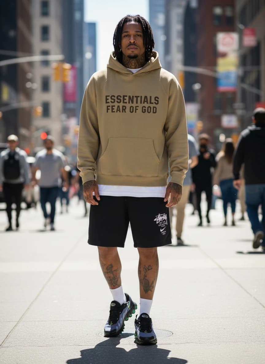 Fear of God Essentials Khaki Hoodie with 'Essentials Fear of God' Print, Stussy x Nike Black Shorts with White Logo, Nike Air Max Reverb Sneakers in Grey/Black with Green Accents