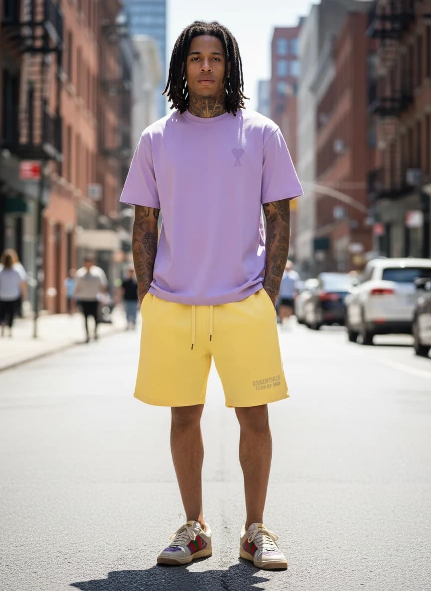 AM1 Love Heart T-Shirt in Lilac, Fear of God Essentials Yellow Drawstring Shorts, Gucci Ace Low Sneakers in Beige with Purple Web Stripe
