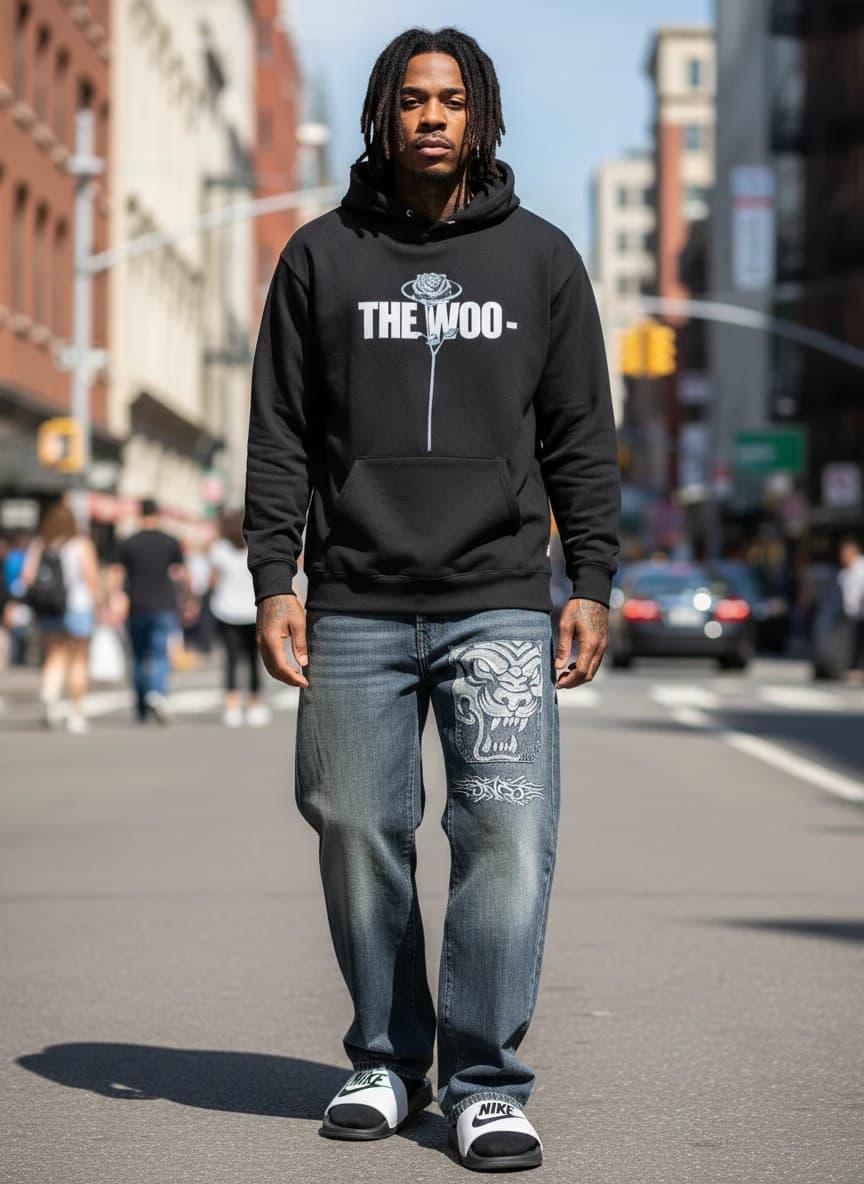 The Woo Black Hoodie with Rose Print, Global Shop Tiger Print Denim Jeans N08 Light Blue, Nike Kawa Slide Sandals Black/White