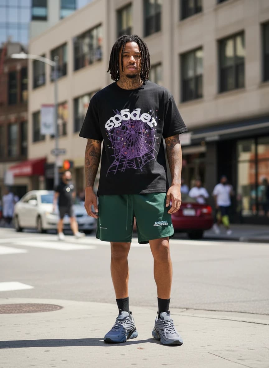 Spider Web Graphic Black T-Shirt, Represent Patron of the Club Forest Green Shorts, Diadora N9000 Sneakers in Steel Blue