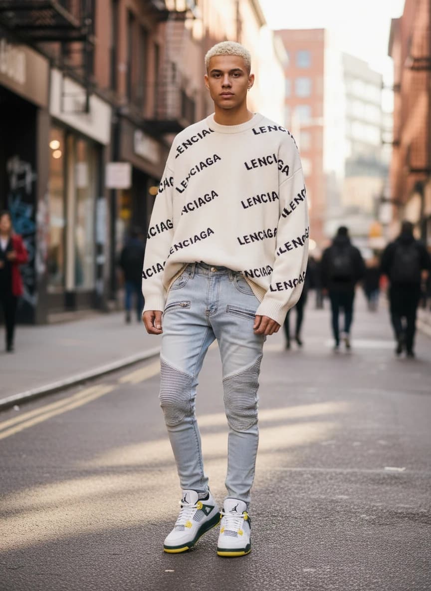 Balenciaga Lenciacaga All-Over Print Oversized Sweater - Cream/Black, Balmain Light Blue Skinny Jeans with Zipper Details, Air Jordan 4 Retro 'Oregon Green' Sneakers