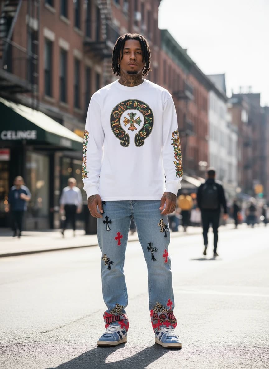 Chrome Hearts Cross Logo Long Sleeve T-Shirt in White, Celine Cross Embroidered Light Blue Jeans, Fendi Denim Low Top Sneakers in Blue and White