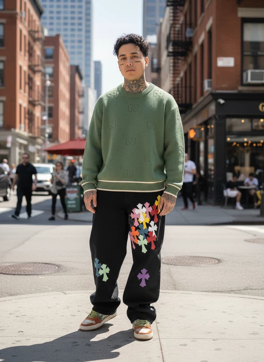 Gucci GG Monogram Green Sweater, Black Cross Applique Wide-Leg Pants, Fendi Low Top Sneakers in Beige, Green, and Brown