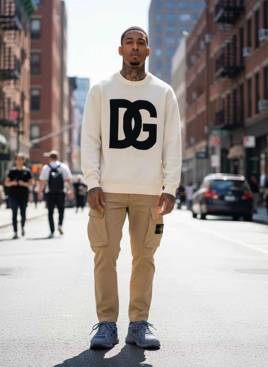 Dolce & Gabbana DG Logo Knit Sweater in Cream, Stone Island Tank Shield Cargo Pants in Beige, Dior CD Sneakers in Dusty Blue