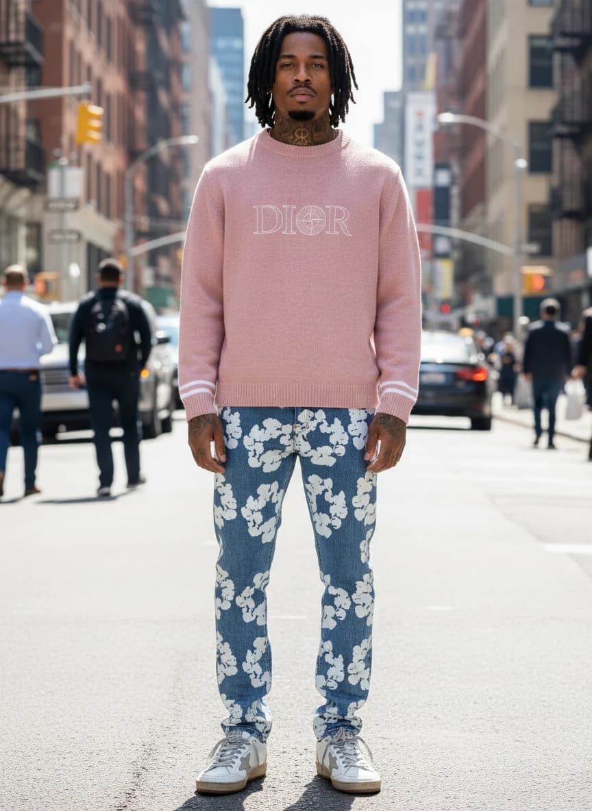Dior Pink Logo Knit Sweater, Floral Print Denim Jeans in Blue, Golden Goose GGDB LTD Edition Sneakers in White with Orange Accents