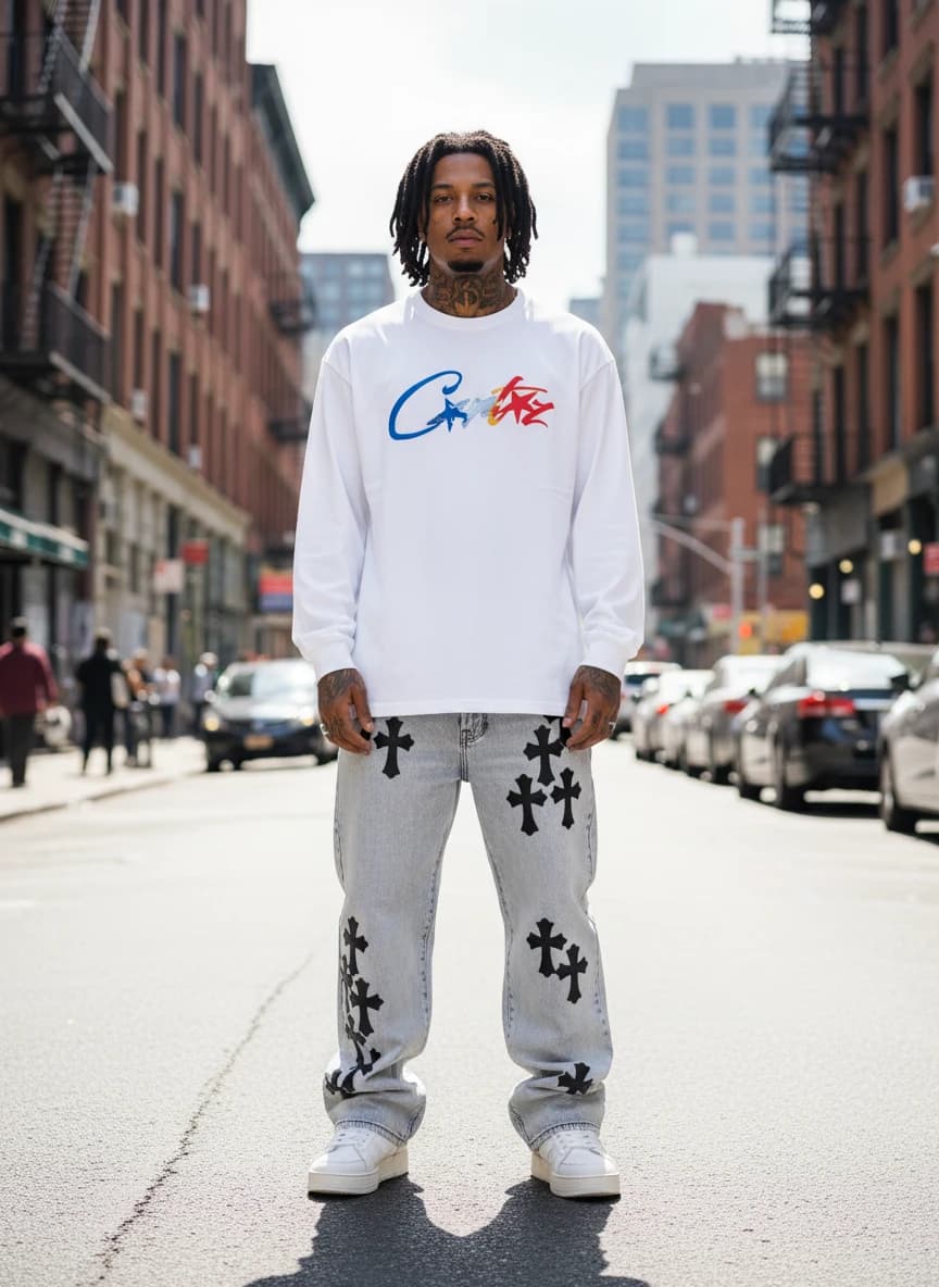 CLOT x Nike Air Force 1 White Sneakers, White Cross Embroidered Wide Leg Jeans, Louis Vuitton LV Trainer Sneakers in White