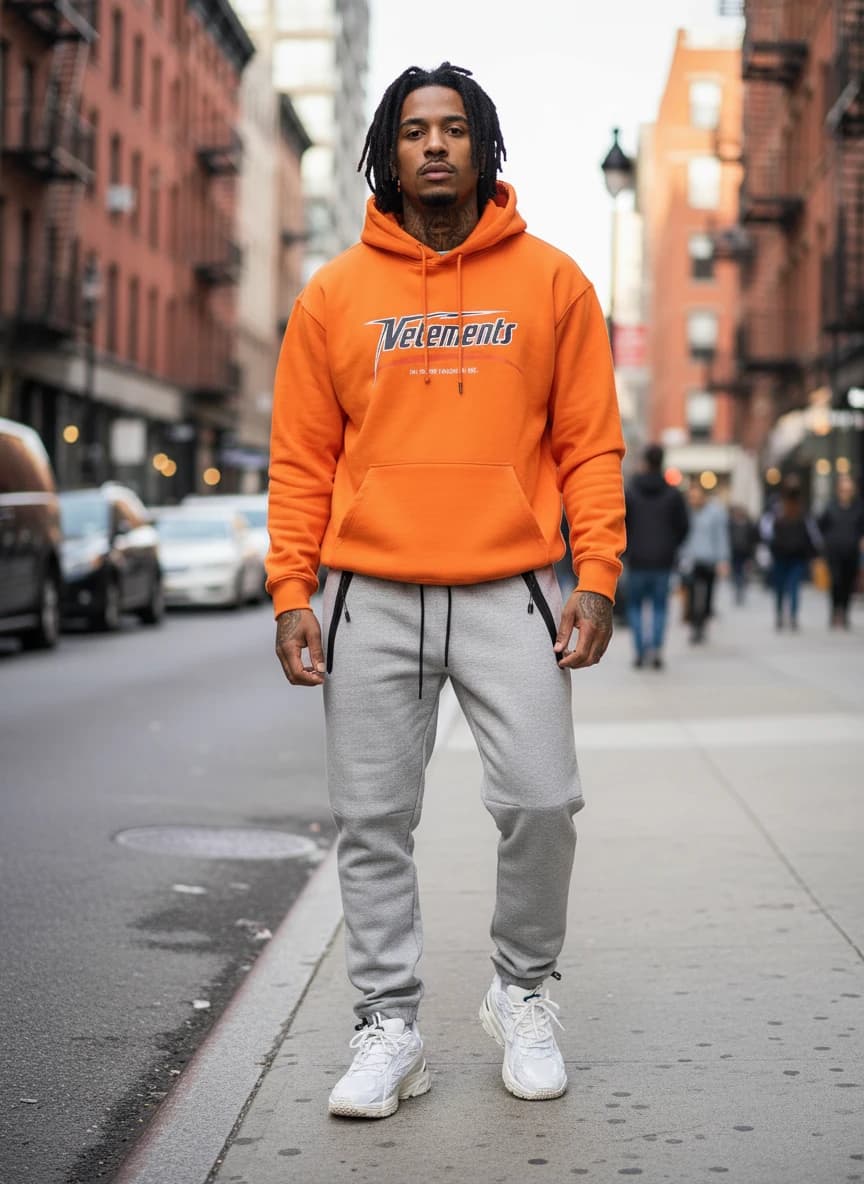 Vetements Orange Oversized Hoodie, Grey Tech Fleece Sweatpants with Black Zipper Pockets, Amiri White & Silver Sneakers