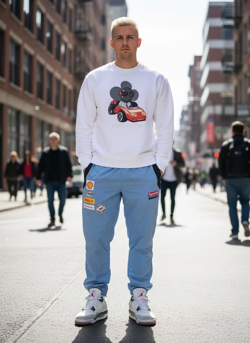 Louis Vuitton White Graphic Sweatshirt, Supreme x Ducati Racing Track Pants - Light Blue/Black, Air Jordan 4 Retro SP White/Green Sneakers
