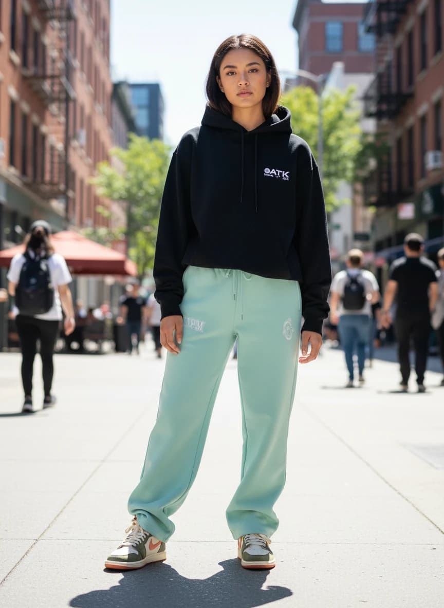 ATK Music Black Hoodie with Front Pocket, SixPM Mint Green Wide-Leg Sweatpants, Air Jordan 1 High Retro Sneakers in Olive Green and Orange