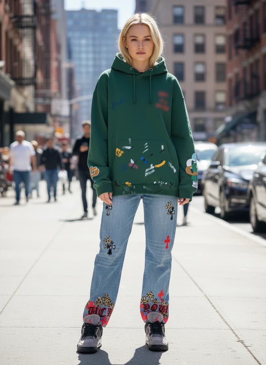 Josué Art On Cotton Hoodie in Forest Green, Celine Cross Embroidered Light Blue Jeans, Air Jordan 4 Retro 'Sail/University Red' Sneakers