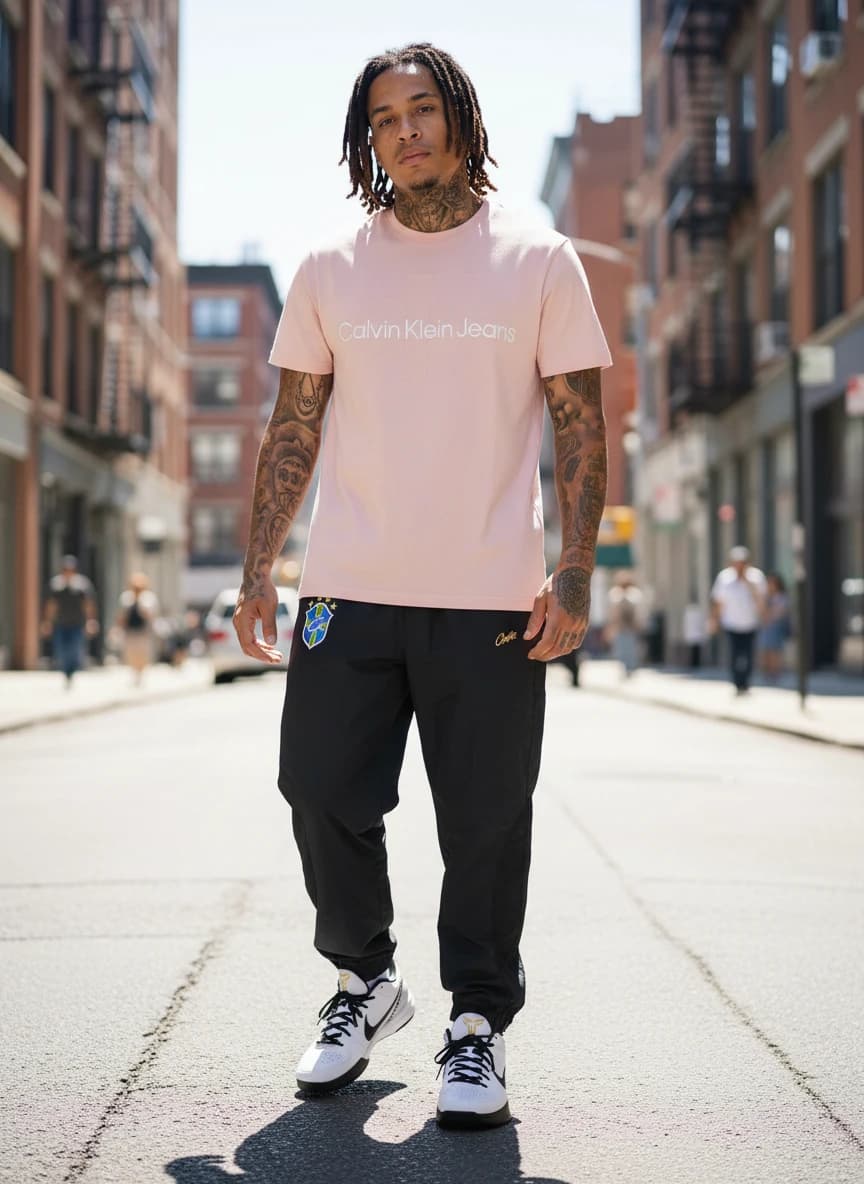 Calvin Klein Jeans Pink Monogram T-Shirt, Black 'Cruzeiro' Soccer Track Pants, Nike Zoom Kobe 4 Protro Mambacita Gigi FJ9363-100 Sneakers