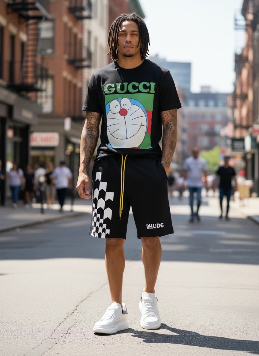 Gucci Doraemon Collaboration Black T-Shirt, RHUDE Black & White Checkerboard Pattern Shorts with Yellow Drawstring, Alexander McQueen White and Black Sneakers